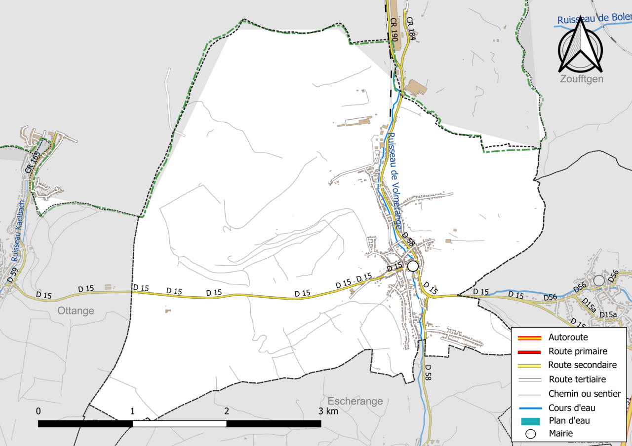 Réseaux hydrographique et routier de Volmerange-les-Mines.
